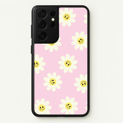 Pastel Pink Smiley Daisies Pattern  - Floral Phone Case for Galaxy S21 Ultra