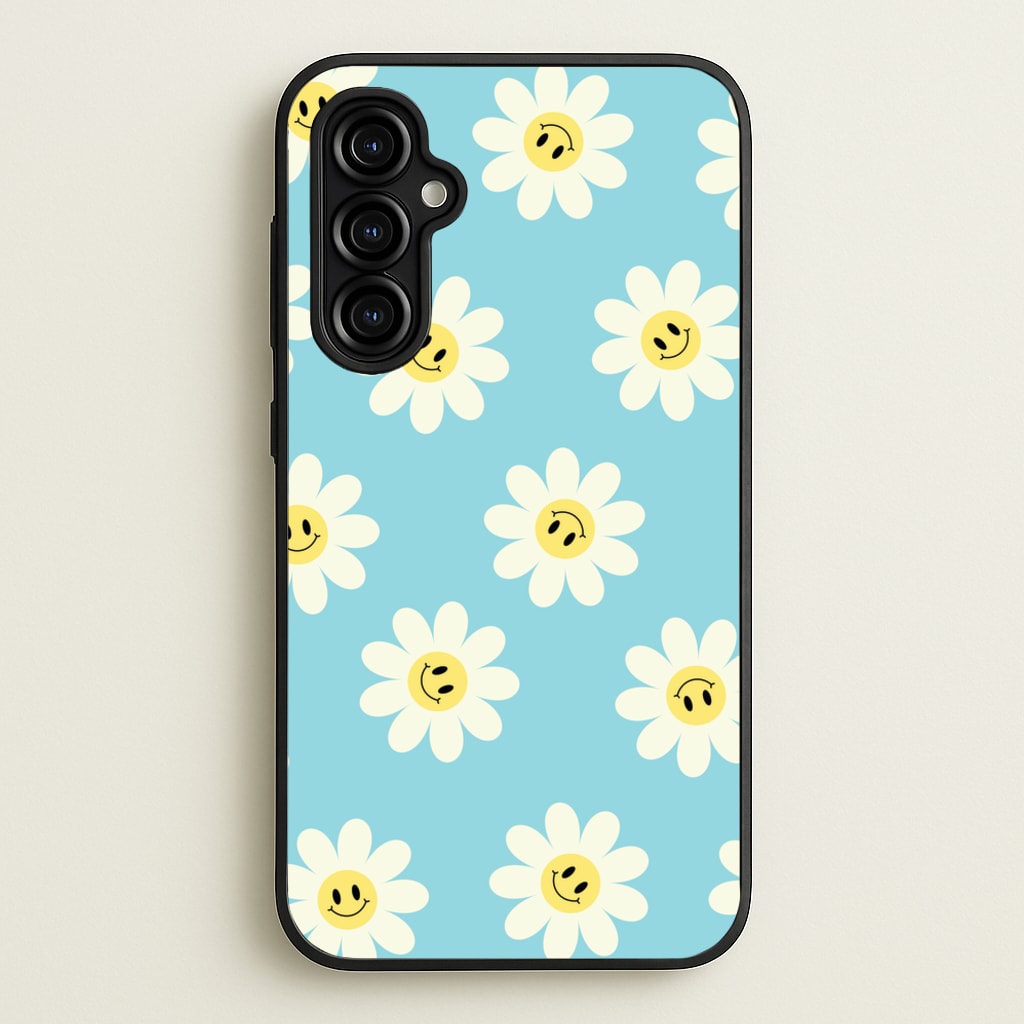 Pastel Blue Smiley Daisies Pattern  - Floral Phone Case for Galaxy A54