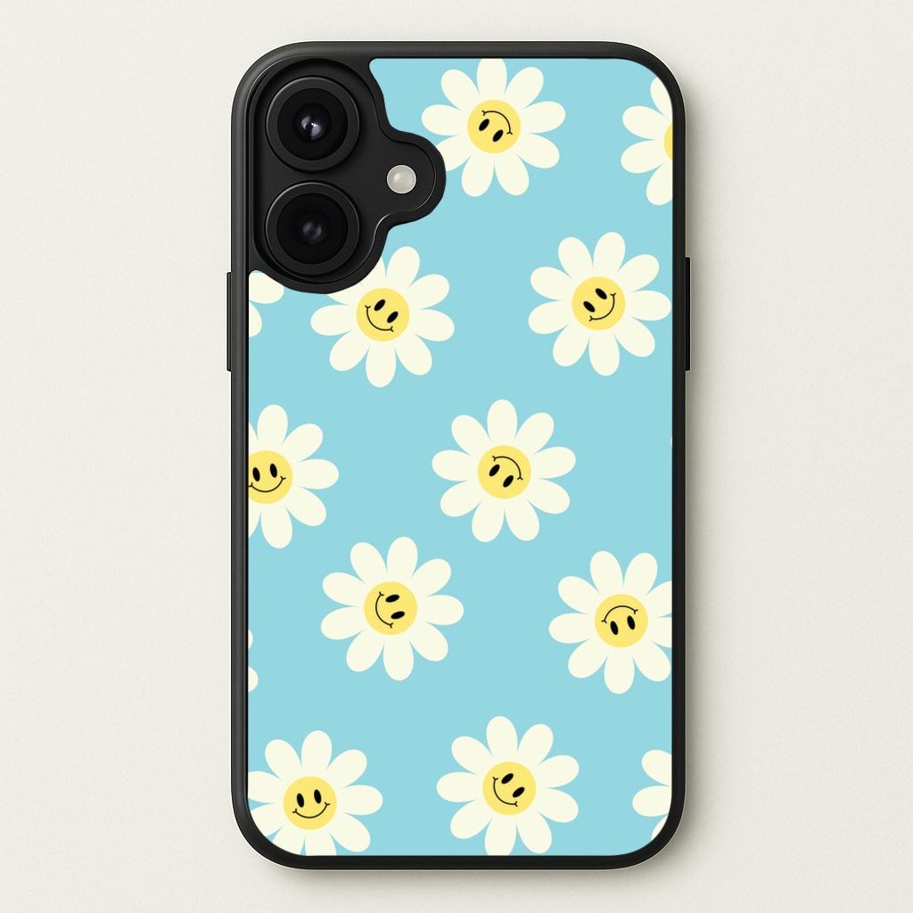 Pastel Blue Smiley Daisies Pattern Phone Case for iPhone 17