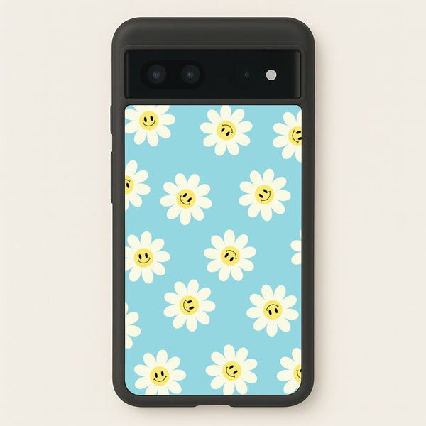 Pastel Blue Smiley Daisies Pattern  - Floral Phone Case for Google Pixel 7