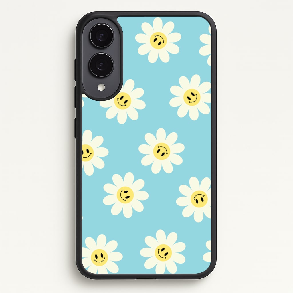 Pastel Blue Smiley Daisies Pattern  - Floral Phone Case for Galaxy S25 Edge
