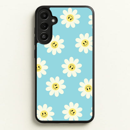 Pastel Blue Smiley Daisies Pattern  - Floral Phone Case for Galaxy A34