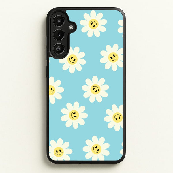 Pastel Blue Smiley Daisies Pattern  - Floral Phone Case for Galaxy A34