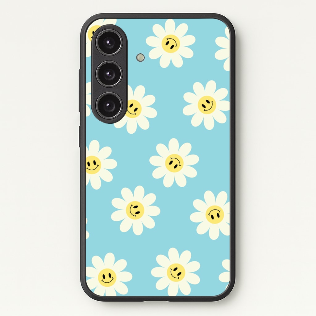 Pastel Blue Smiley Daisies Pattern  - Floral Phone Case for Galaxy S24 Plus