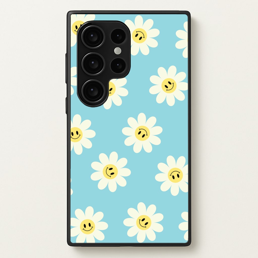 Pastel Blue Smiley Daisies Pattern  - Floral Phone Case for Galaxy S24 Ultra