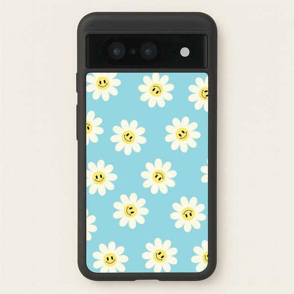 Pastel Blue Smiley Daisies Pattern  - Floral Phone Case for Google Pixel 8