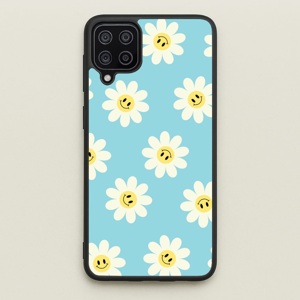 Pastel Blue Smiley Daisies Pattern  - Floral Phone Case for Galaxy A12