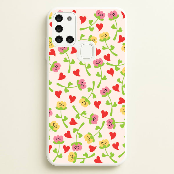 Smiley Tulips And Hearts Pattern  - Floral Phone Case for Galaxy A21s