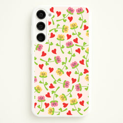 Smiley Tulips And Hearts Pattern  - Floral Phone Case for Galaxy S23