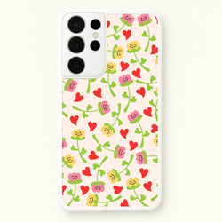 Smiley Tulips And Hearts Pattern  - Floral Phone Case for Galaxy S21 Ultra