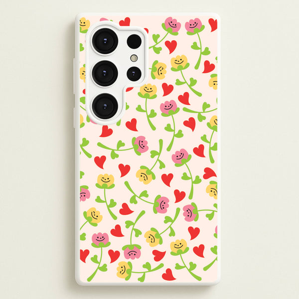 Smiley Tulips And Hearts Pattern  - Floral Phone Case for Galaxy S25 Ultra