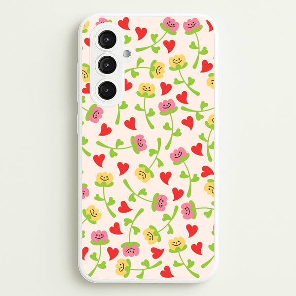 Smiley Tulips And Hearts Pattern  - Floral Phone Case for Galaxy S23FE