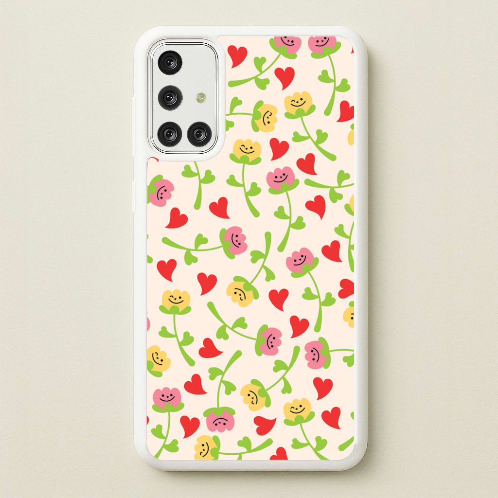 Smiley Tulips And Hearts Pattern  - Floral Phone Case for Galaxy A71