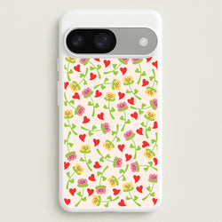 Smiley Tulips And Hearts Pattern  - Floral Phone Case for Google Pixel 9 / 9 Pro