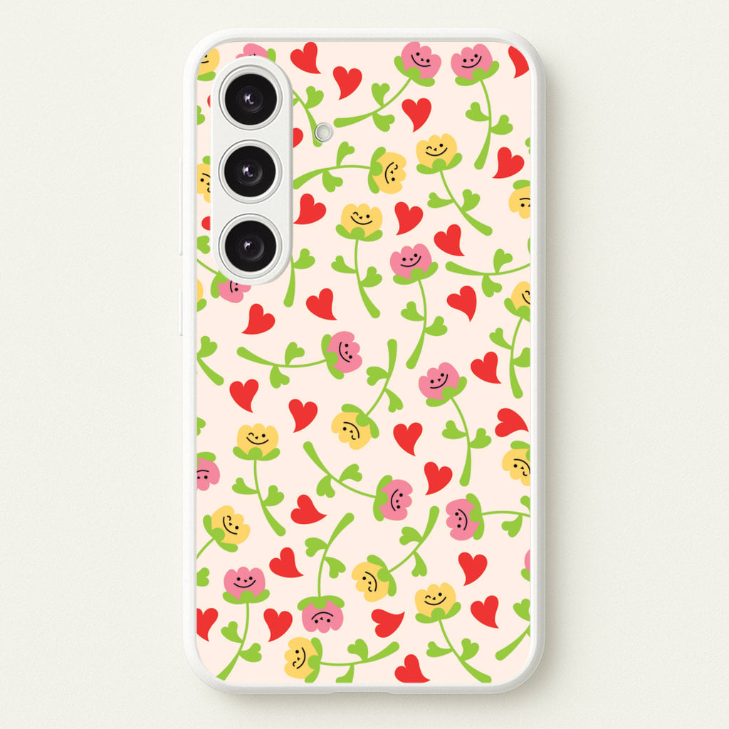 Smiley Tulips And Hearts Pattern  - Floral Phone Case for Galaxy S24