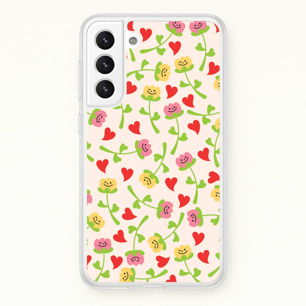 Smiley Tulips And Hearts Pattern  - Floral Phone Case for Galaxy S22 Plus