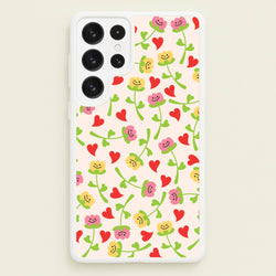 Smiley Tulips And Hearts Pattern  - Floral Phone Case for Galaxy S22 Ultra