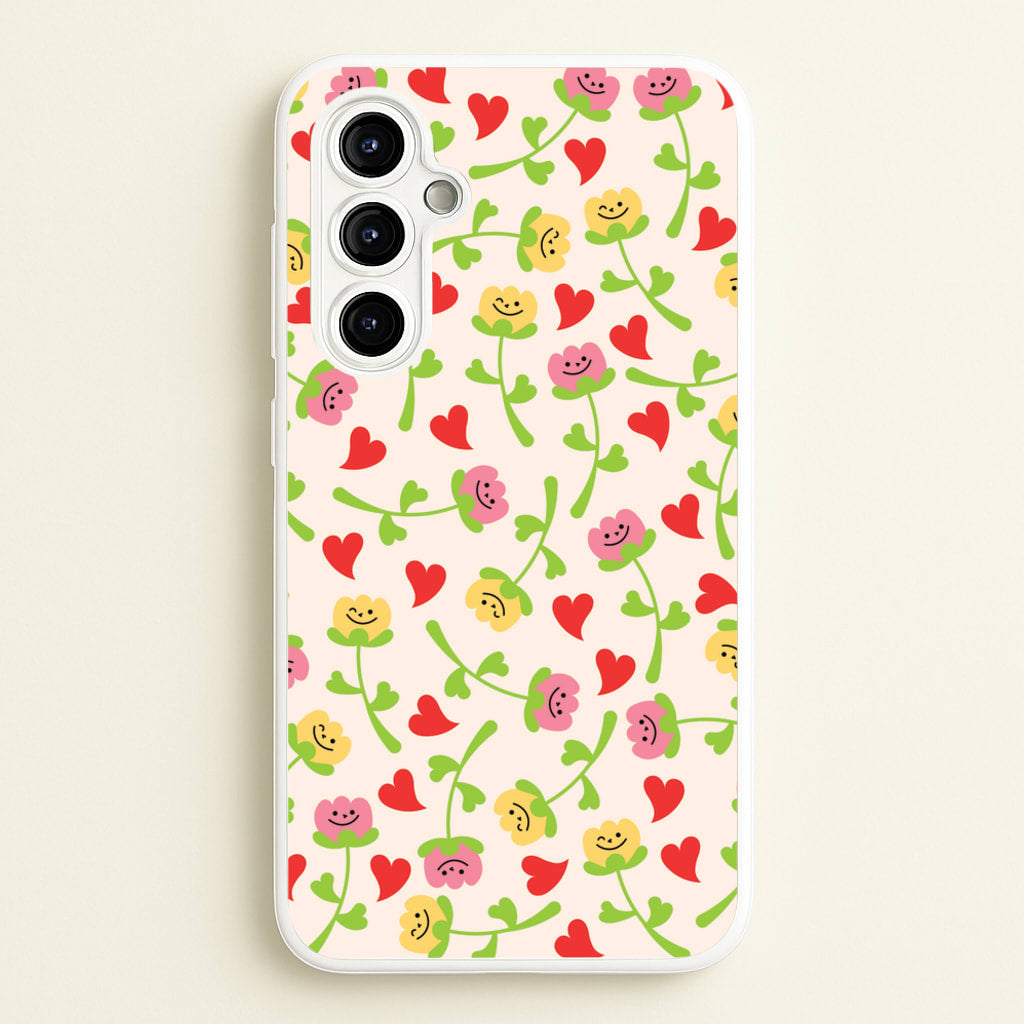 Smiley Tulips And Hearts Pattern  - Floral Phone Case for Galaxy A54