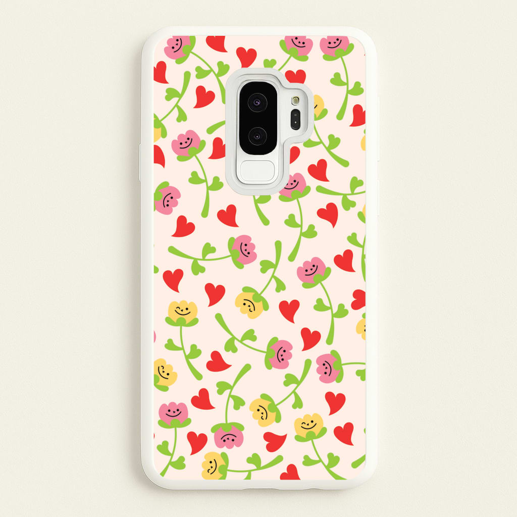 Smiley Tulips And Hearts Pattern  - Floral Phone Case for Galaxy S9 Plus