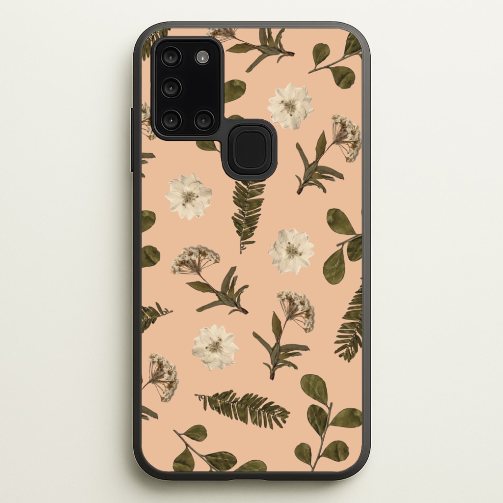 Leaves And Pressed Flowers Peach Pattern   - Floral Phone Case for Galaxy A21s