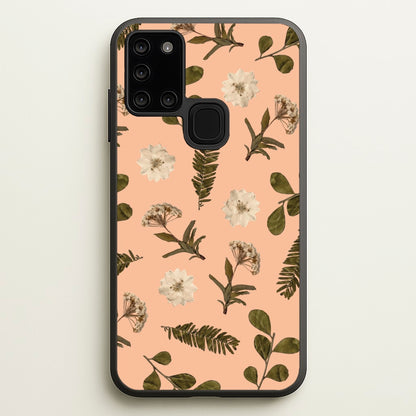 Leaves And Pressed Flowers Peach Pattern   - Floral Phone Case for Galaxy A21s