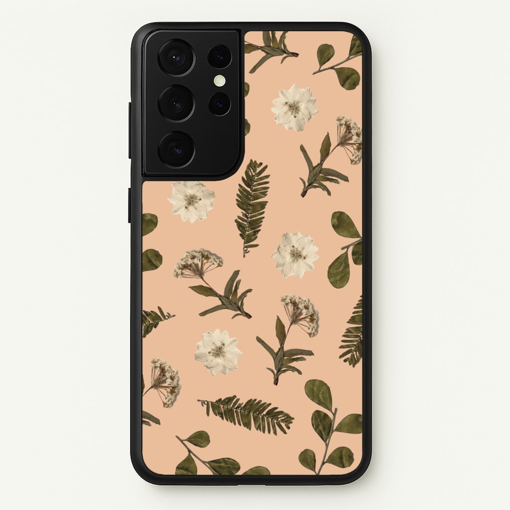 Leaves And Pressed Flowers Peach Pattern   - Floral Phone Case for Galaxy S21 Ultra