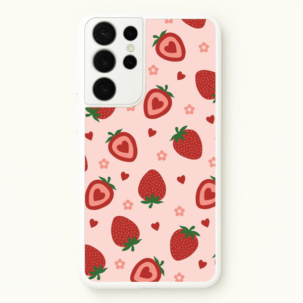 Strawberries And Hearts - Fruit Patterns  - Fruit Patterns Phone Case for Galaxy S21 Ultra