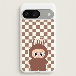 Checkered Cute Brown Monster   - Plushy Phone Case for Google Pixel 9 / 9 Pro