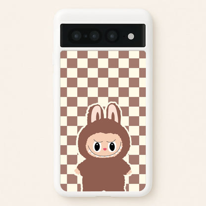 Checkered Cute Brown Monster   - Plushy Phone Case for Google Pixel 7 Pro