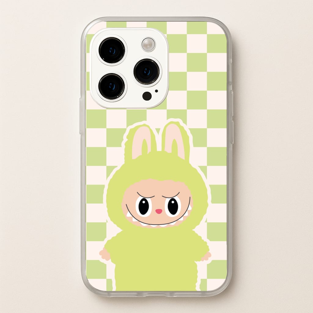 Checkered Cute Green Monster   - Plushy Phone Case for iPhone 15 Pro Max
