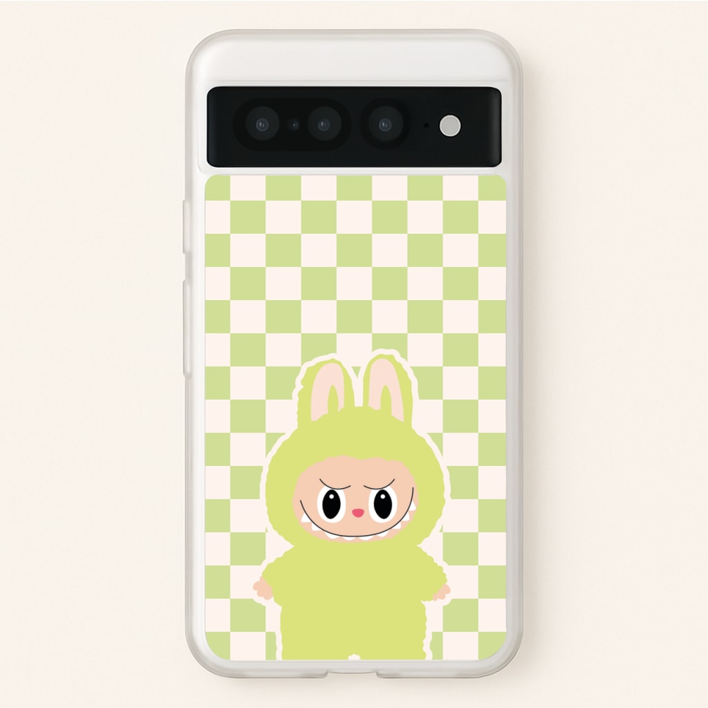 Checkered Cute Green Monster   - Plushy Phone Case for Google Pixel 7 Pro