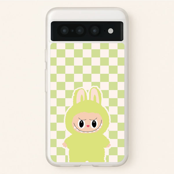 Checkered Cute Green Monster   - Plushy Phone Case for Google Pixel 7 Pro