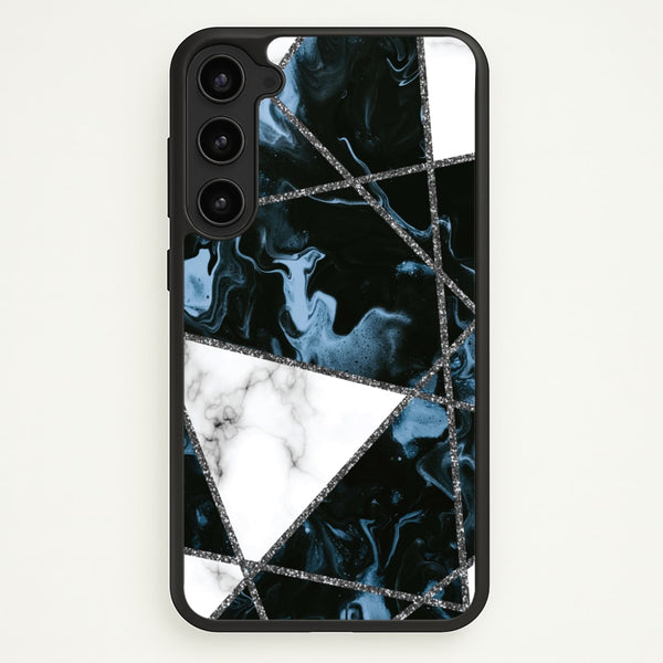 Dark Blue Marble And Silver Collage  - Marble Phone Case for Galaxy S23 Plus