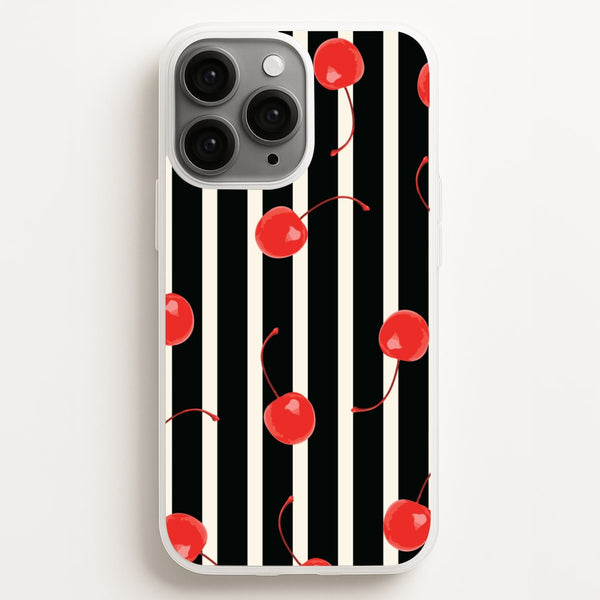 Black And White Stripes With Cherries  - Patterns Phone Case for iPhone 16 Pro Max