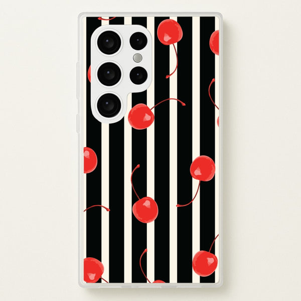 Black And White Stripes With Cherries  - Patterns Phone Case for Galaxy S24 Ultra