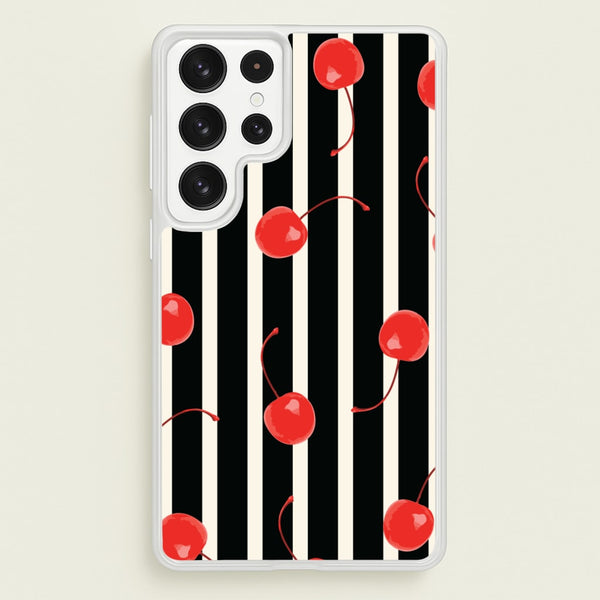 Black And White Stripes With Cherries  - Patterns Phone Case for Galaxy S23 Ultra