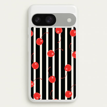Black And White Stripes With Cherries  - Patterns Phone Case for Google Pixel 9 / 9 Pro