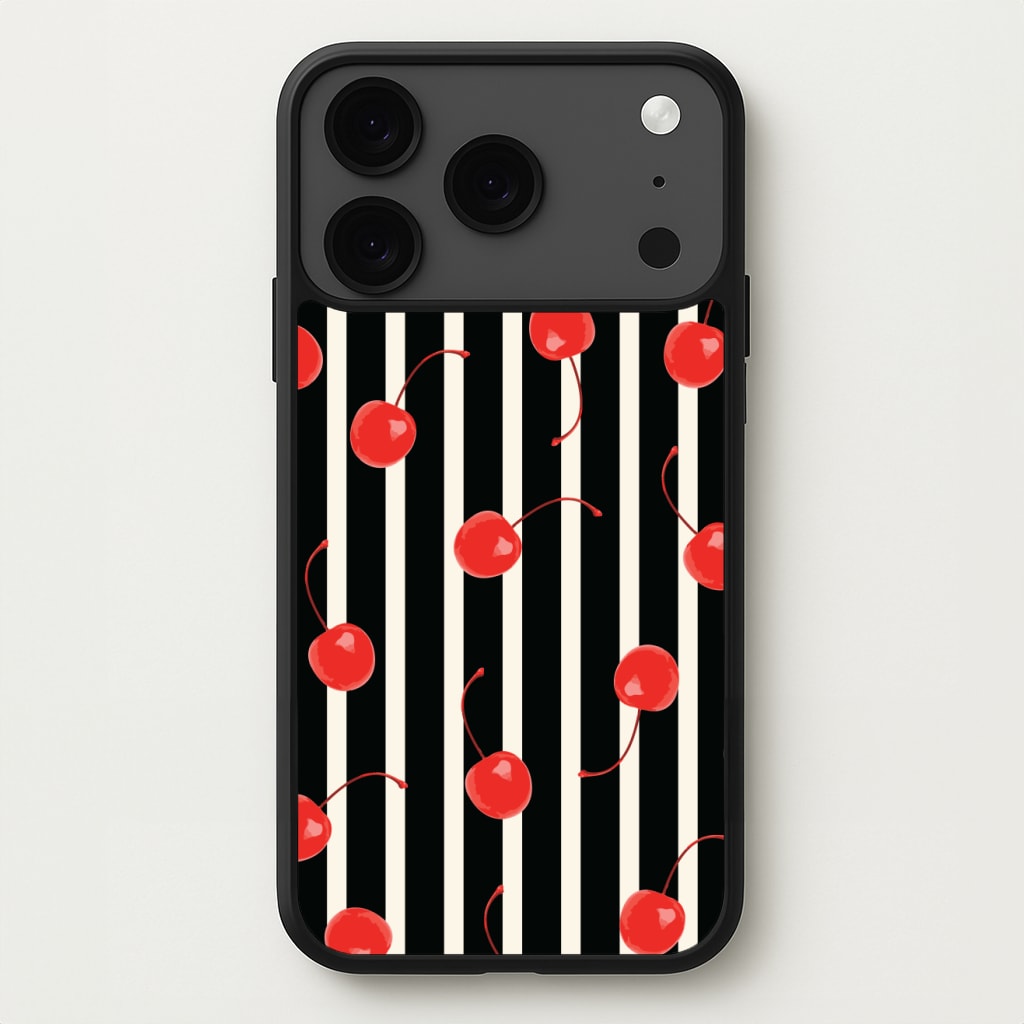 Black And White Stripes With Cherries Phone Case for iPhone 17 Pro Max