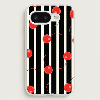 Black And White Stripes With Cherries  - Patterns Phone Case for Google Pixel 9a
