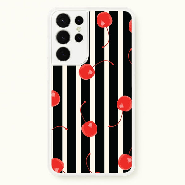 Black And White Stripes With Cherries  - Patterns Phone Case for Galaxy S21 Ultra