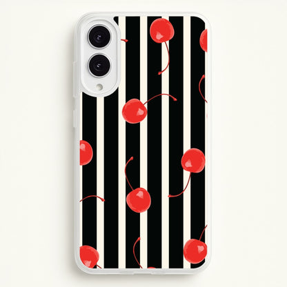 Black And White Stripes With Cherries  - Patterns Phone Case for Galaxy S25 Edge