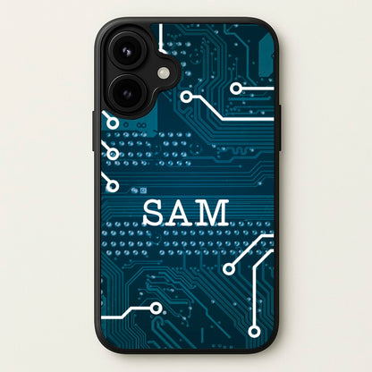 Blue Circuit Board Personalised Name Phone Case for iPhone 17