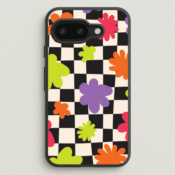 Abstract Flowers Checkered Pattern  - Psychedelic Phone Case for Google Pixel 9a
