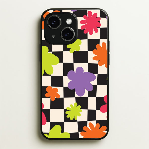 Abstract Flowers Checkered Pattern  - Psychedelic Phone Case for iPhone 15