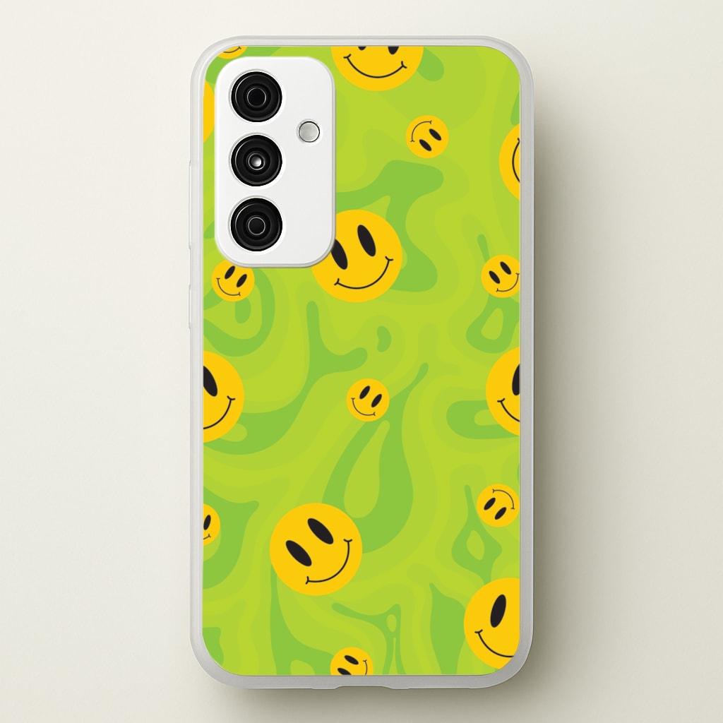 Green Wavey Smileys Pattern  - Psychedelic Phone Case for Galaxy A55