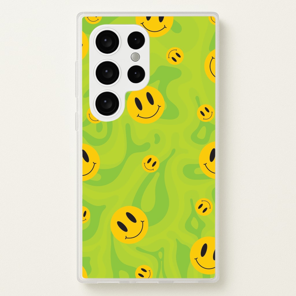 Green Wavey Smileys Pattern  - Psychedelic Phone Case for Galaxy S24 Ultra