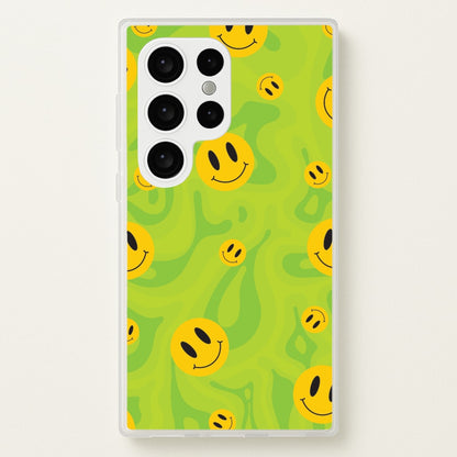Green Wavey Smileys Pattern  - Psychedelic Phone Case for Galaxy S24 Ultra