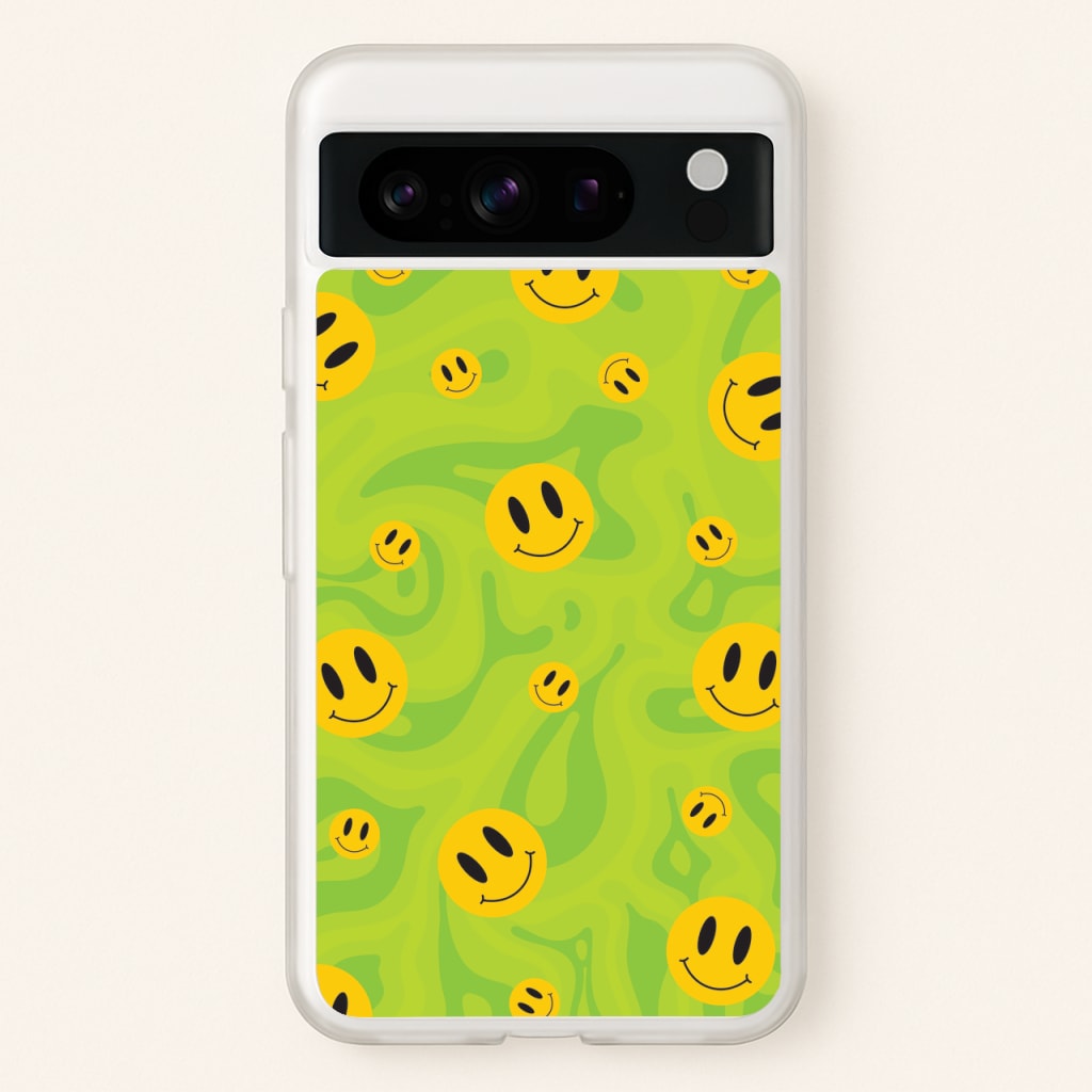 Green Wavey Smileys Pattern  - Psychedelic Phone Case for Google Pixel 8 Pro