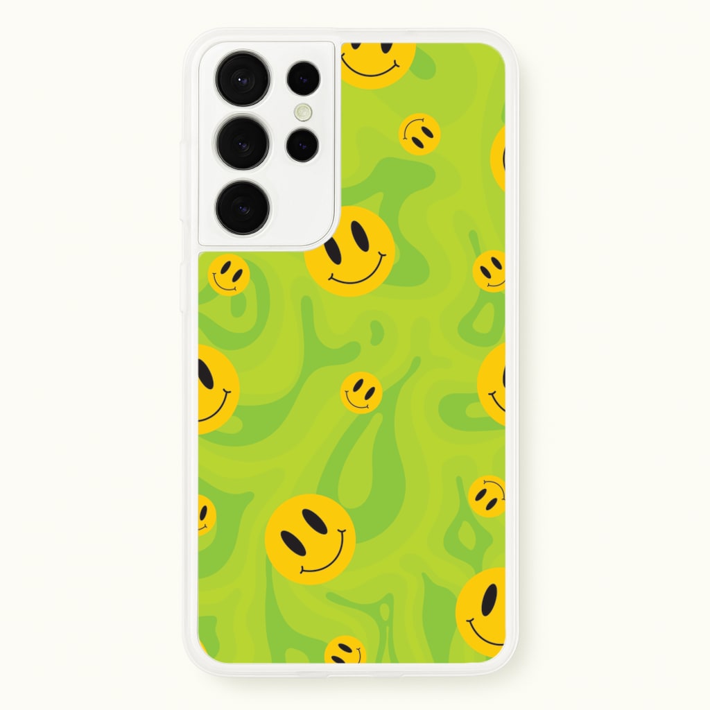 Green Wavey Smileys Pattern  - Psychedelic Phone Case for Galaxy S21 Ultra