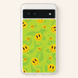 Green Wavey Smileys Pattern  - Psychedelic Phone Case for Google Pixel 7